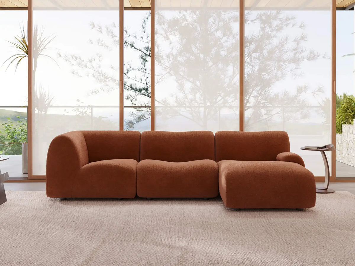 Teddy Fleece 3-Seater Rust Red Small Space L-Shaped Sectional | 3-Piece, Modular Design, Fixed Upholstery, Low Pillow Arm — product view 1