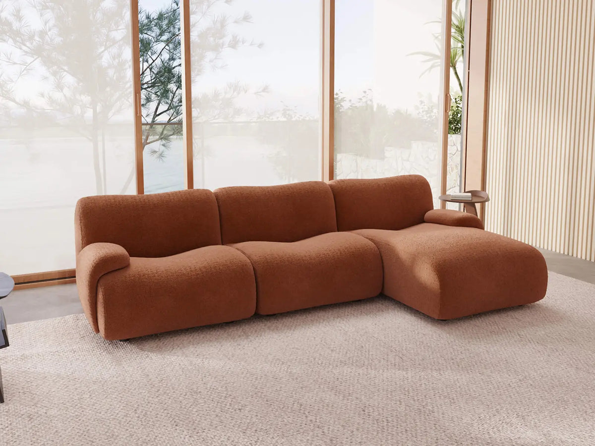 Teddy Fleece 3-Seater Rust Red Small Space L-Shaped Sectional | 3-Piece, Modular Design, Fixed Upholstery, Low Pillow Arm — product view 2
