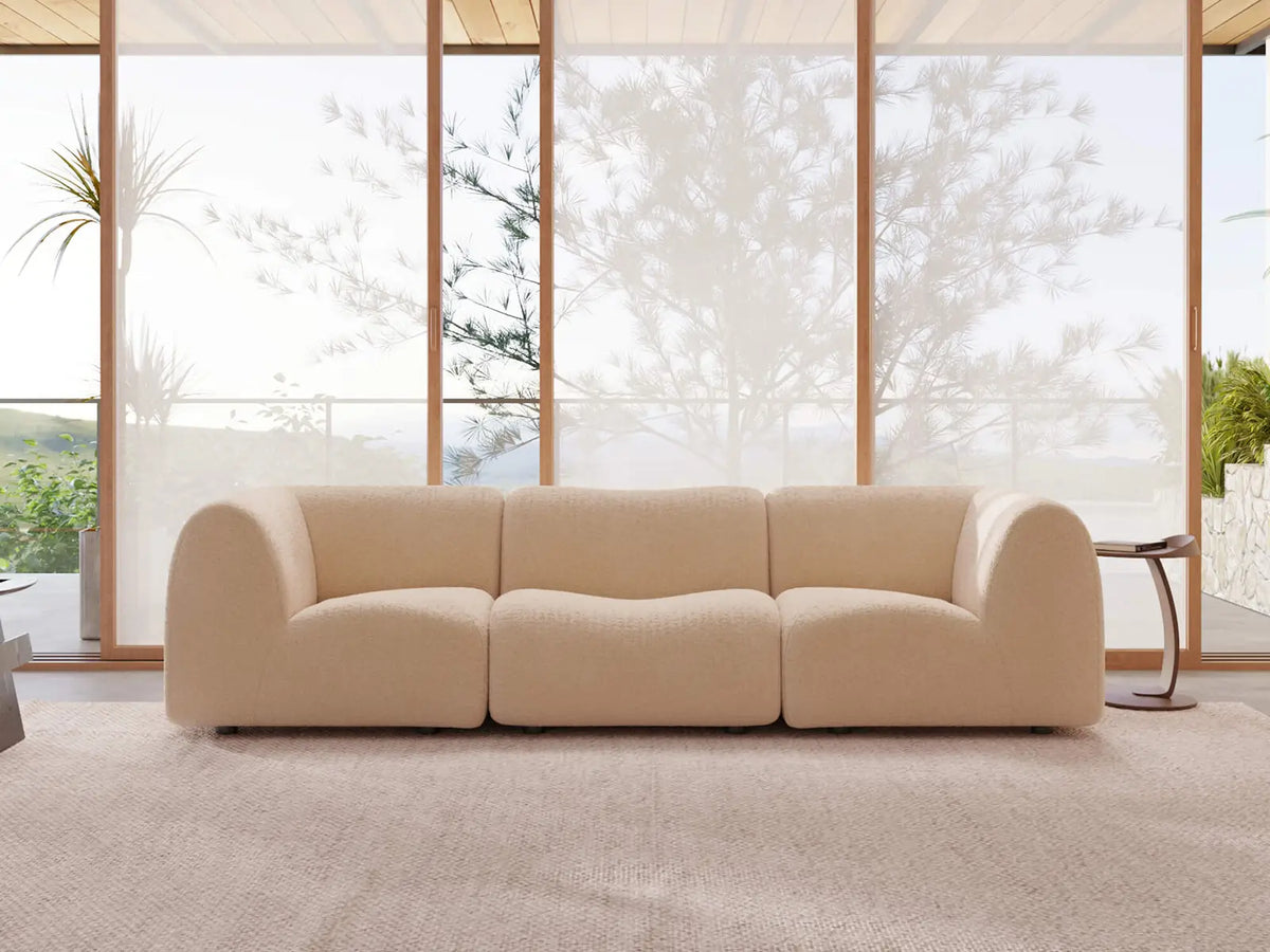 Teddy Fleece 3-Seater Sand Small Space Couch Sectional | 3-Piece, Modular Design, Fixed Upholstery, Low Pillow Arm — product view 1