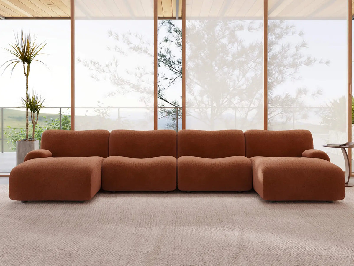 Teddy Fleece 4-Seater Rust Red Large Space U-Shaped Sectional | 4-Piece, Modular Design, Fixed Upholstery, Low Pillow Arm — product view 1
