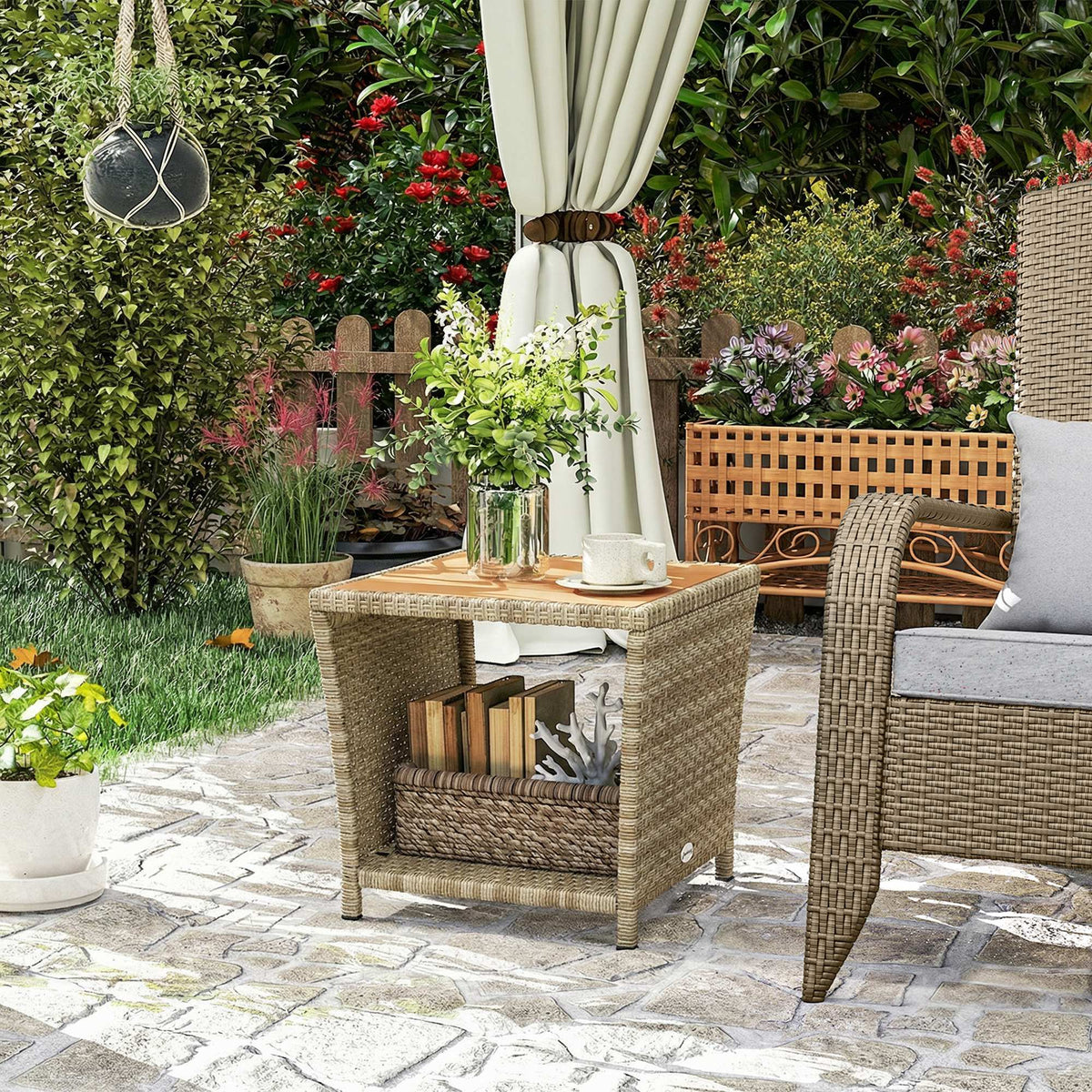 2-Tier PE Rattan Side Table with Storage Shelf, Khaki — product view 4