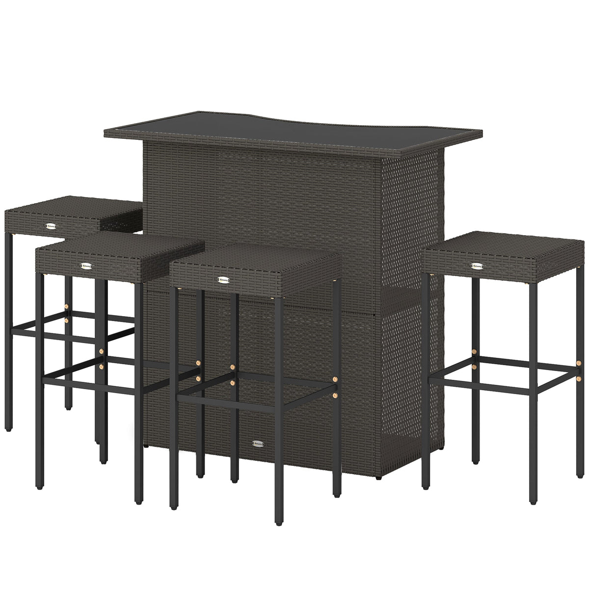 5 Piece Outdoor Wicker Bar Set with Glass Top Table and 4 Stools, Dark Brown — product view 2