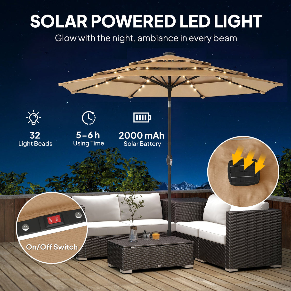 2.8 m Garden Parasol with Solar LED Light, Cover and 3-Tier Top, Khaki — product view 6