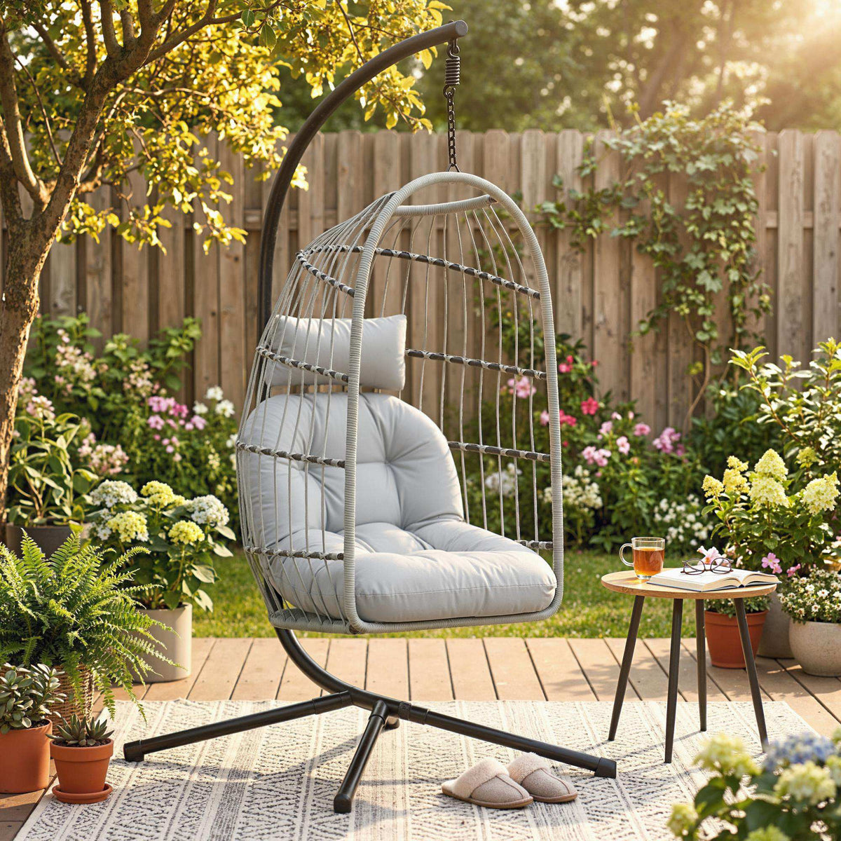 Hanging Egg Chair with Foldable Metal Stand, Thick Cushion, Light Grey — product view 3