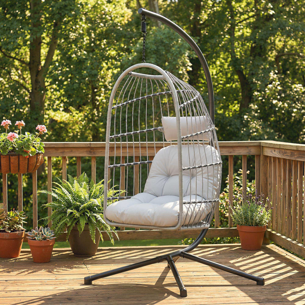 Hanging Egg Chair with Foldable Metal Stand, Thick Cushion, Light Grey — product view 4