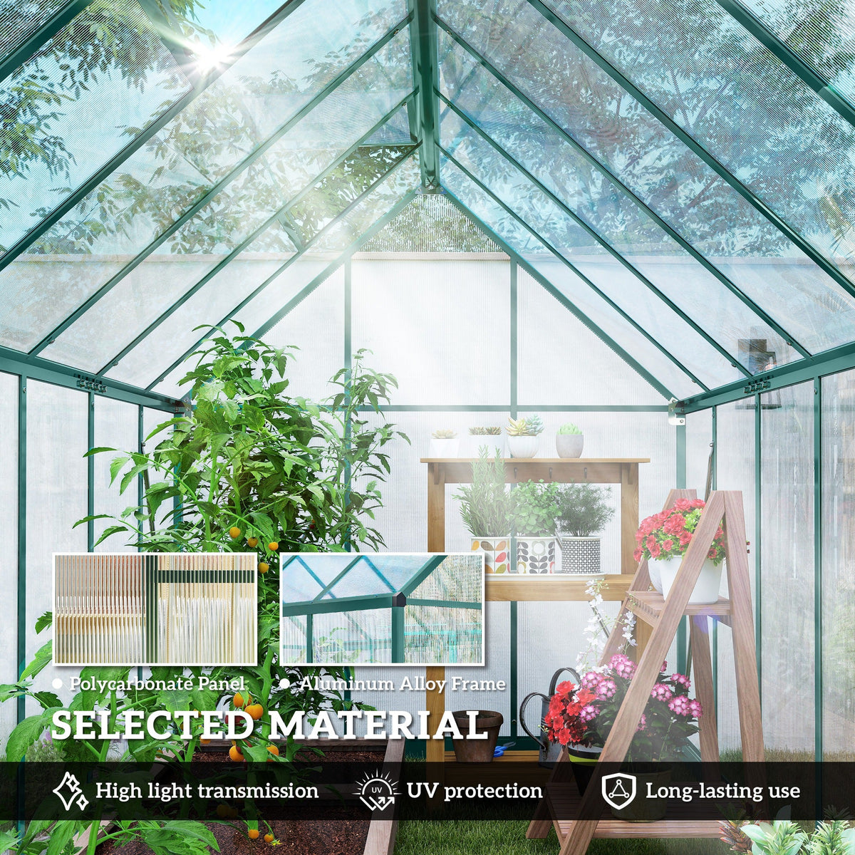 11' x 6' Polycarbonate Walk-in Greenhouse, Dark Green — product view 7