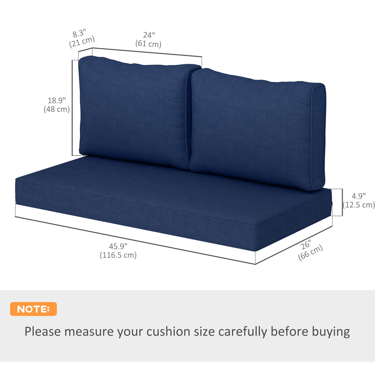 2 Seater Outdoor Seat Cushions with Backrest, Navy Blue — product view 5