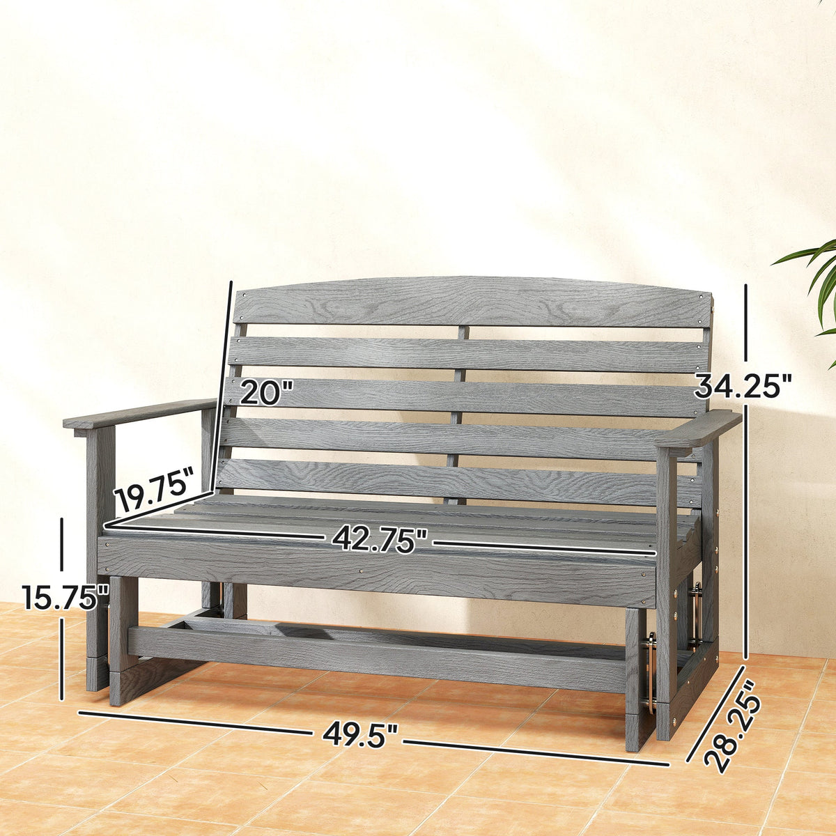 2-Person Outdoor Glider Bench w/ Slatted HDPE Frame for Backyard Garden Porch, Distressed Gray — product view 5