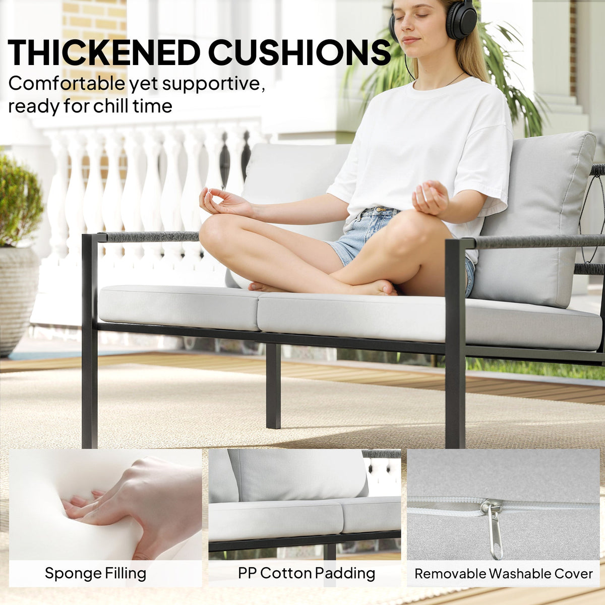 5 Piece Metal Garden Sofa Set with Loveseat, Armchairs & Tables, Light Grey — product view 7