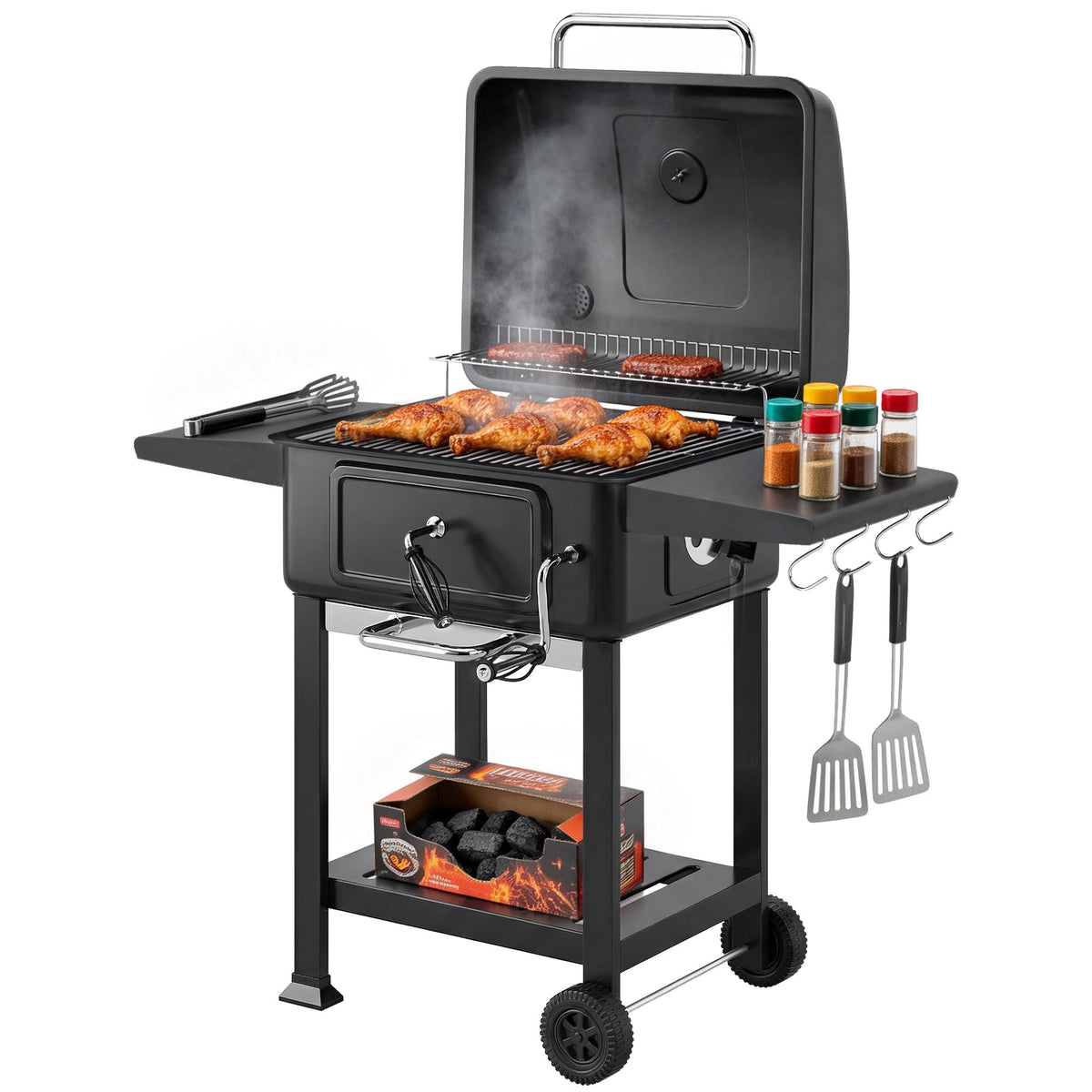 Charcoal BBQ Grill with Adjustable Pan, Side Tables and Chimney, Black — product view 1