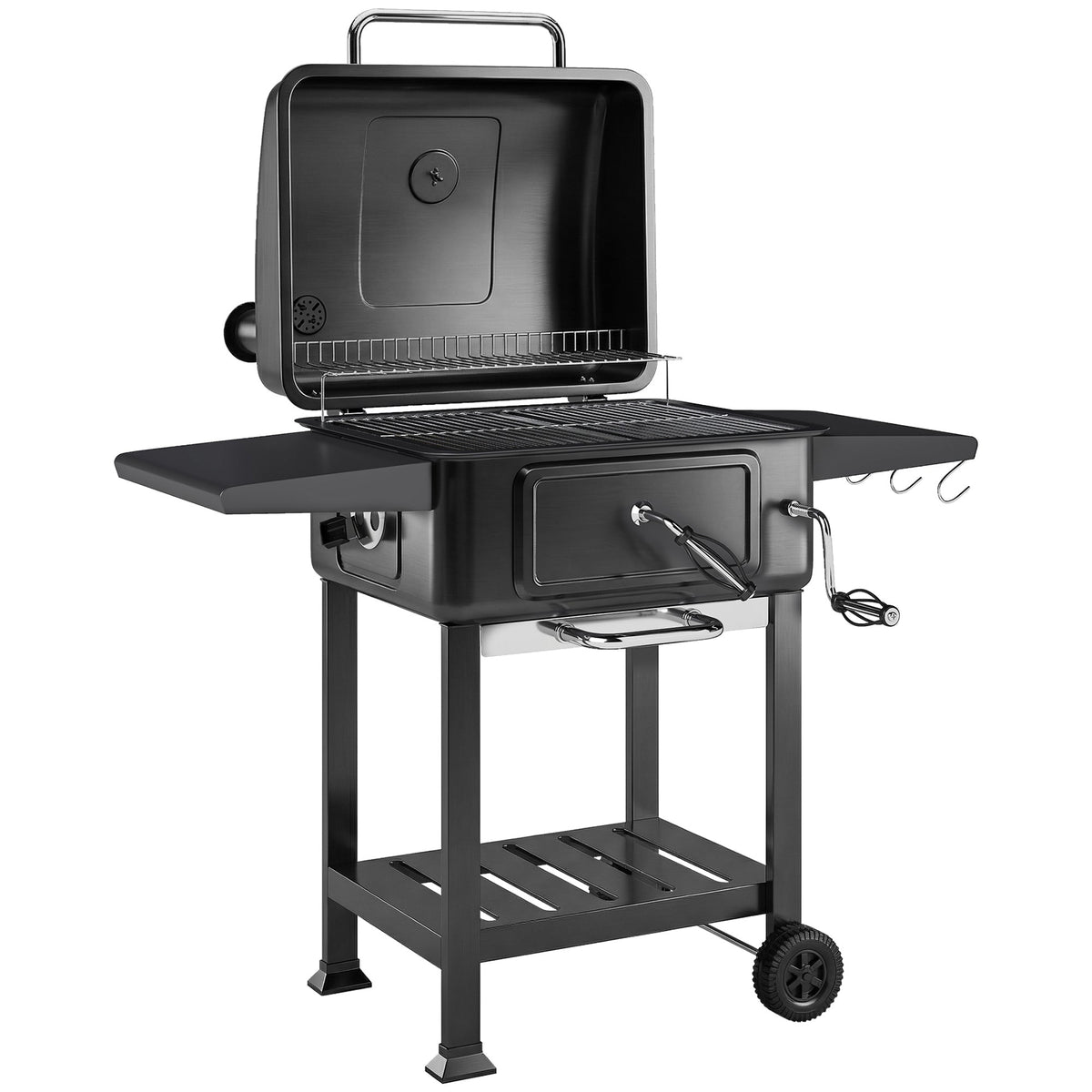 Charcoal BBQ Grill with Adjustable Pan, Side Tables and Chimney, Black — product view 2