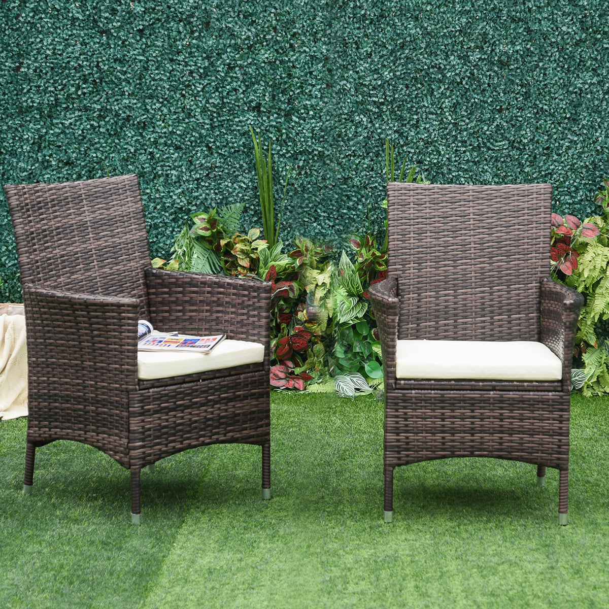 2 Piece PE Rattan Dining Chair Set with Cushions & High Back, Mixed Brown — product view 4