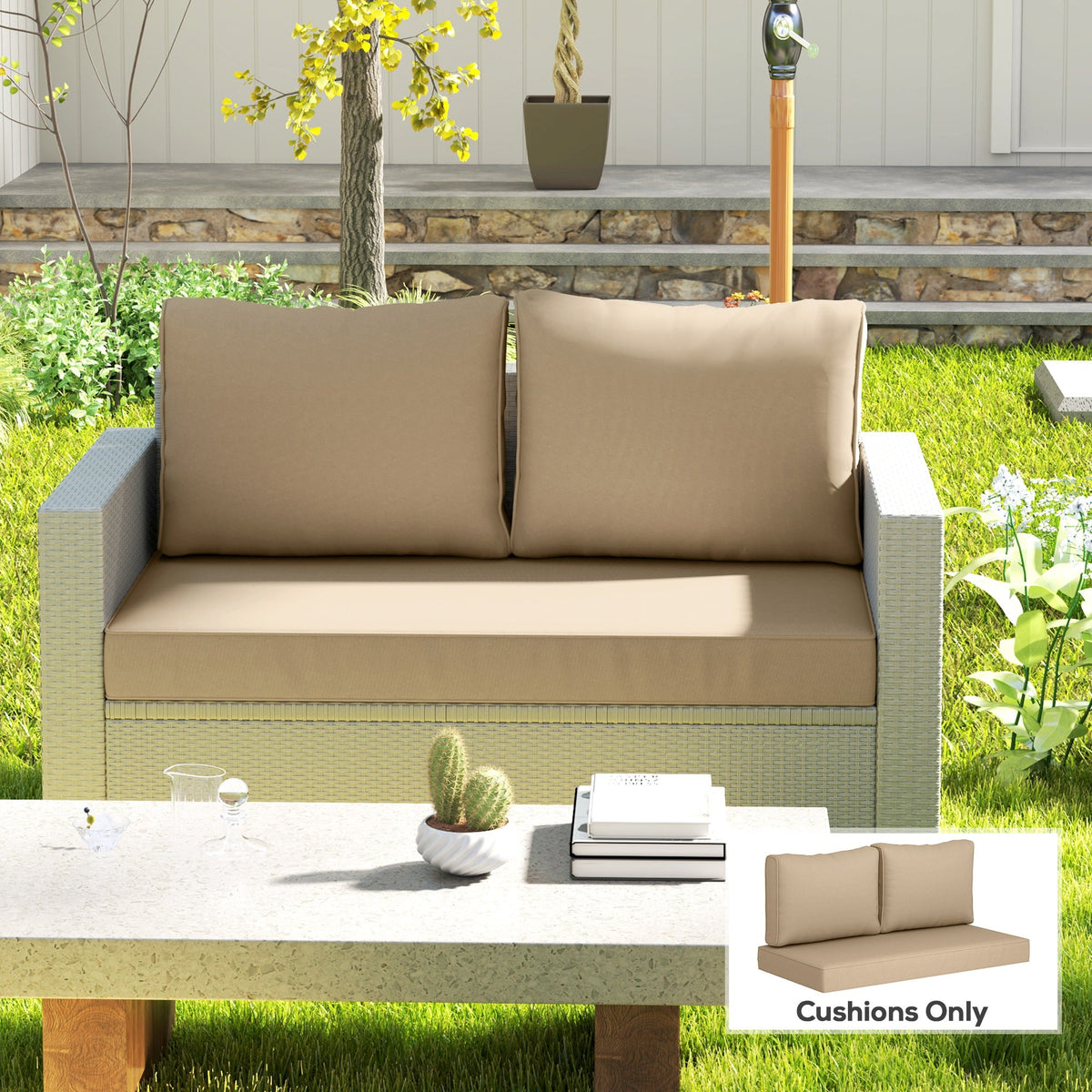 2 Seater Outdoor Seat Cushions with Backrest, Beige — product view 3