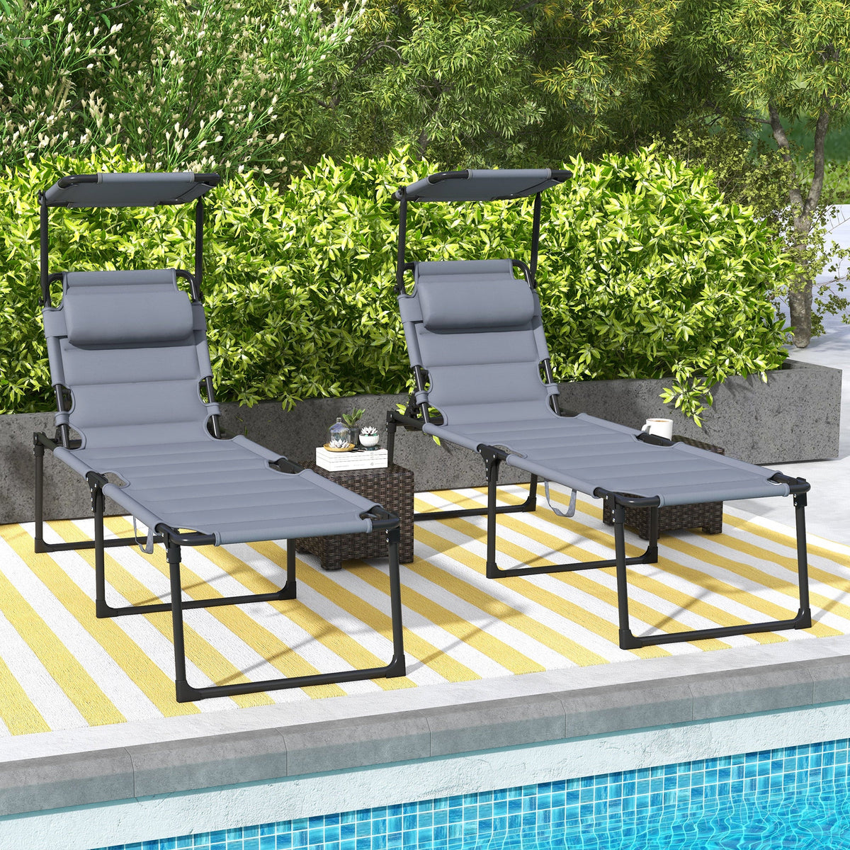 2-Piece Outdoor Lounge Chairs with Sunshade and Pillow, Gray — product view 4