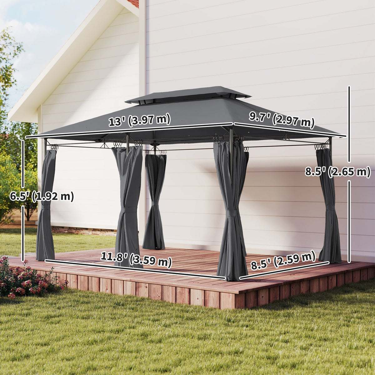 10' x 13' Patio Gazebo with Double Roof and Curtains, Grey — product view 5