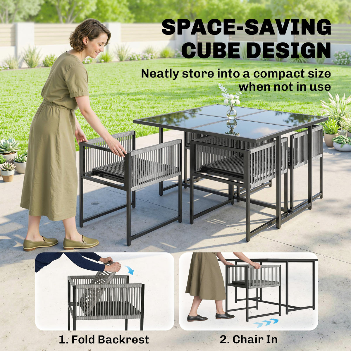 5-Piece Light Grey Outdoor Dining Set with Tempered Glass Top, Foldable Chairs — product view 6