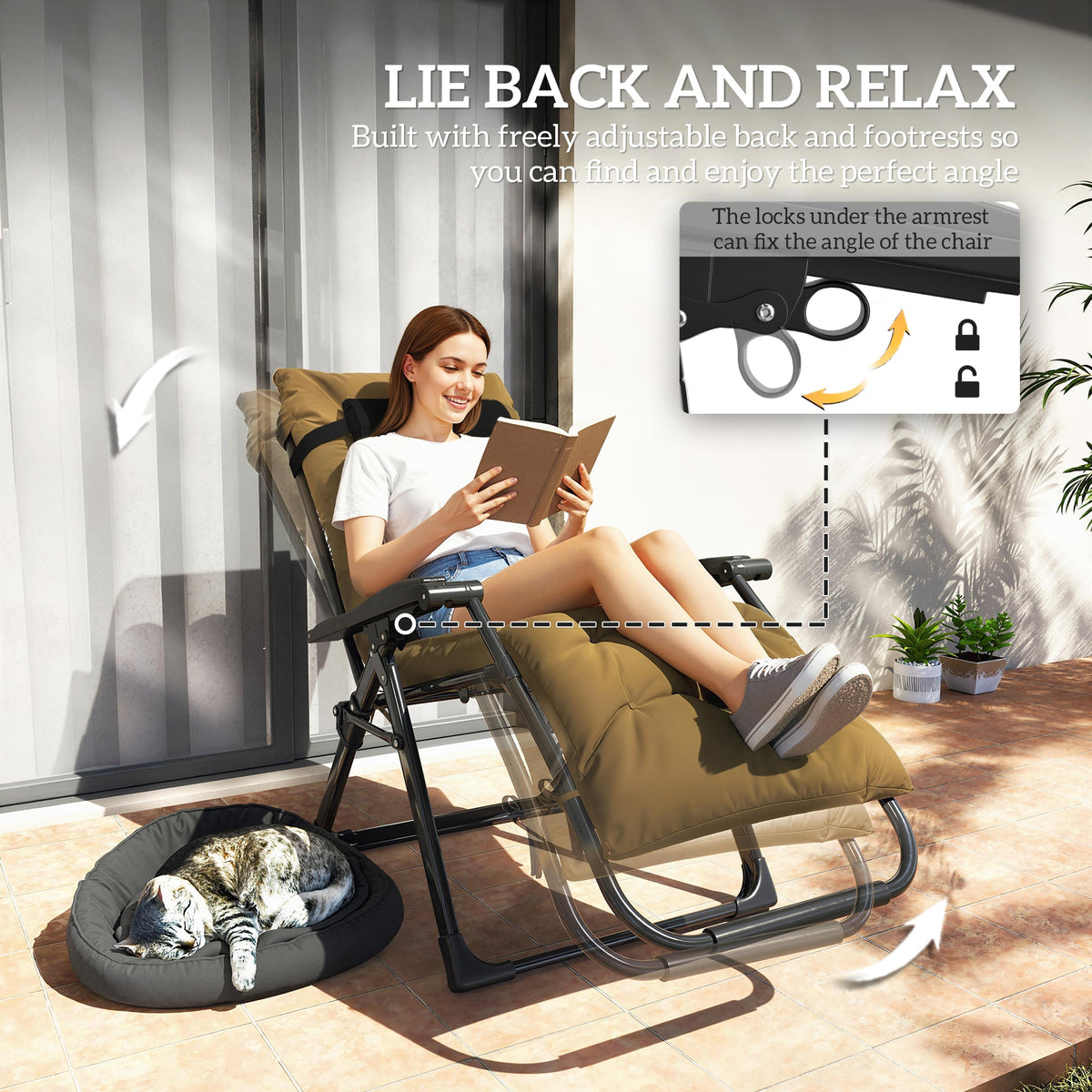 Set of 2 Reclining Zero Gravity Chairs with Cushion, Khaki — product view 6