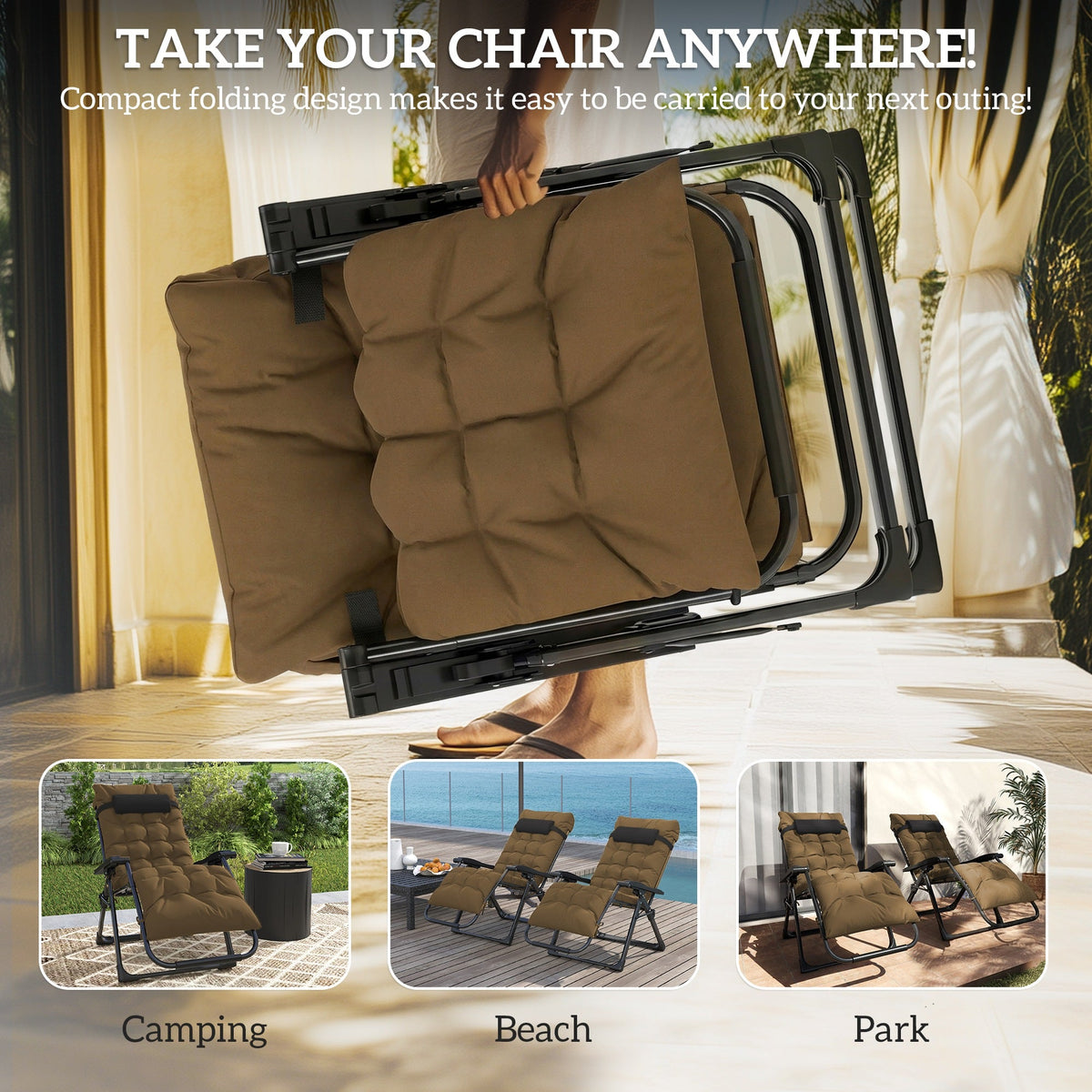 Set of 2 Reclining Zero Gravity Chairs with Cushion, Khaki — product view 7
