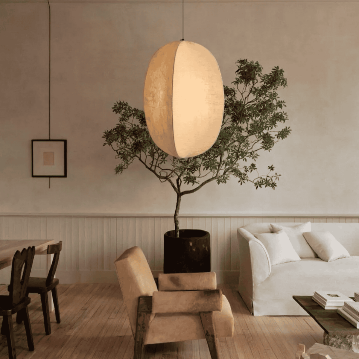 Linen Lantern Pendant Light Japandi Style Height Adjustable Dining Room Bedroom — Small Medium Large — product view 3