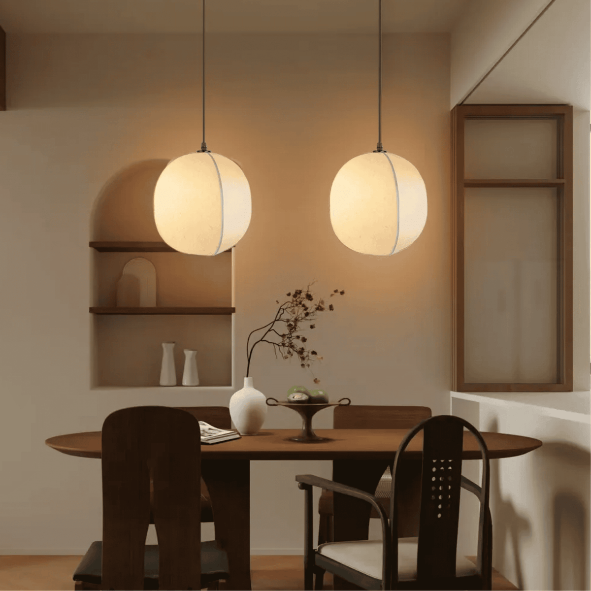 Linen Lantern Pendant Light Japandi Style Height Adjustable Dining Room Bedroom — Small Medium Large — product view 1