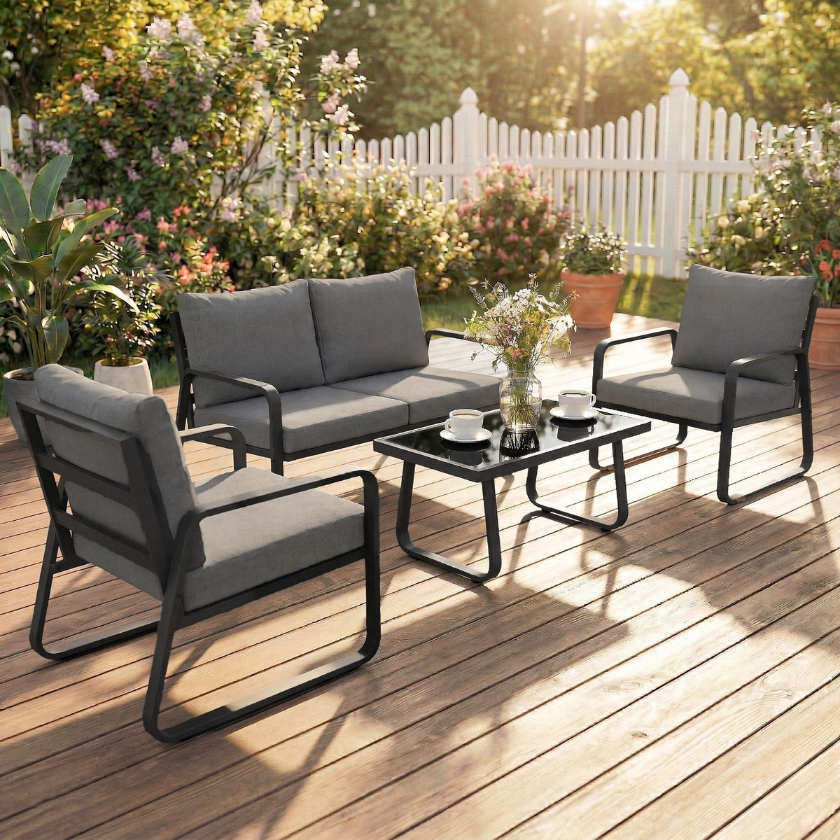 4-Piece Outdoor Sofa Set with Loveseat & 2 Chairs, Coffee Table, Black — product view 3