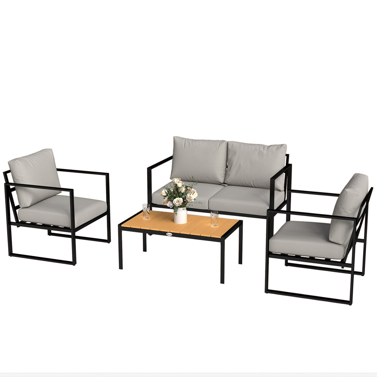 4 Piece Garden Furniture Set with Loveseat, Armchairs and Slatted Table, Grey — product view 2