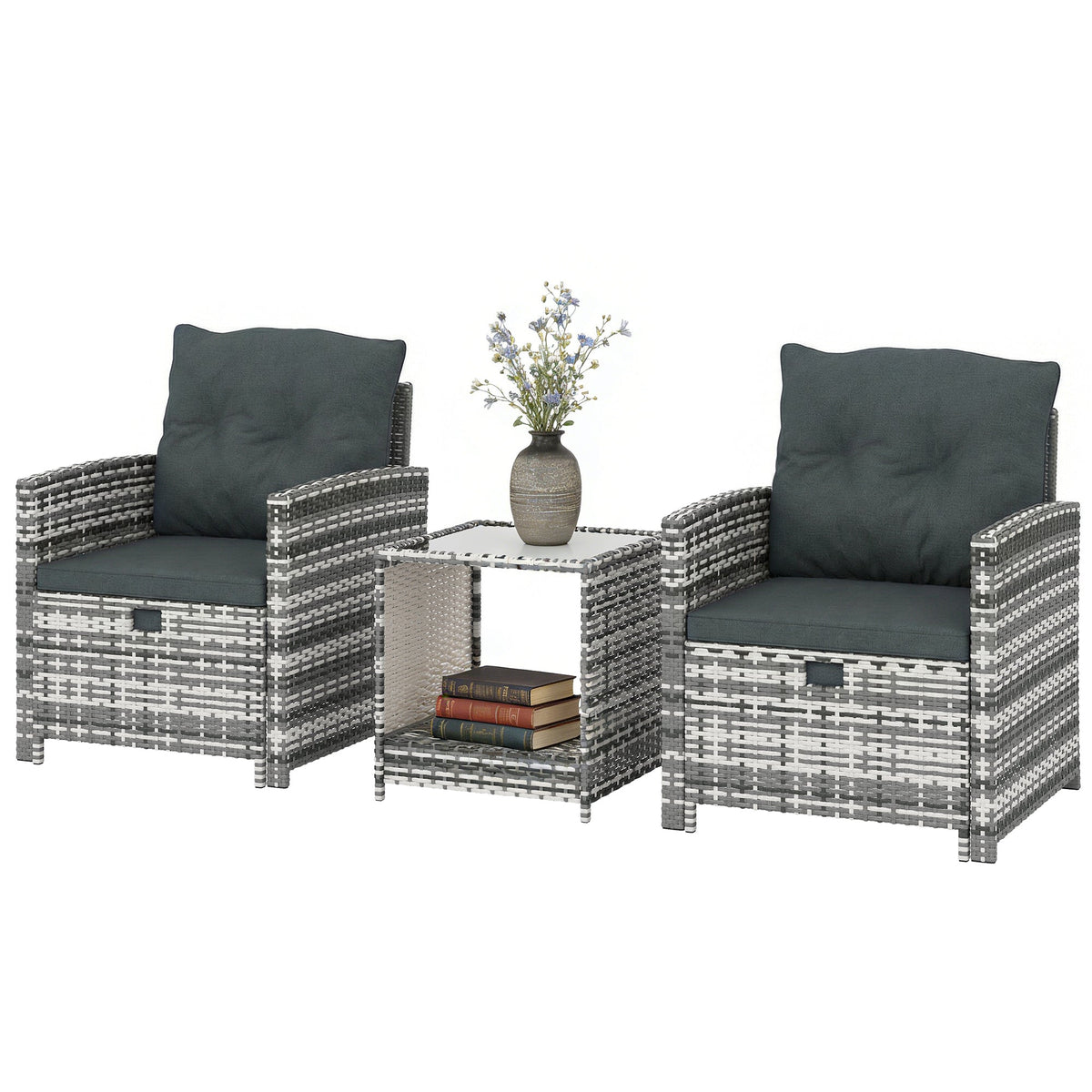 5-Piece Rattan Sofa Set with Ottomans, 2-Tier Glass Table, Grey/Dark Grey — product view 2