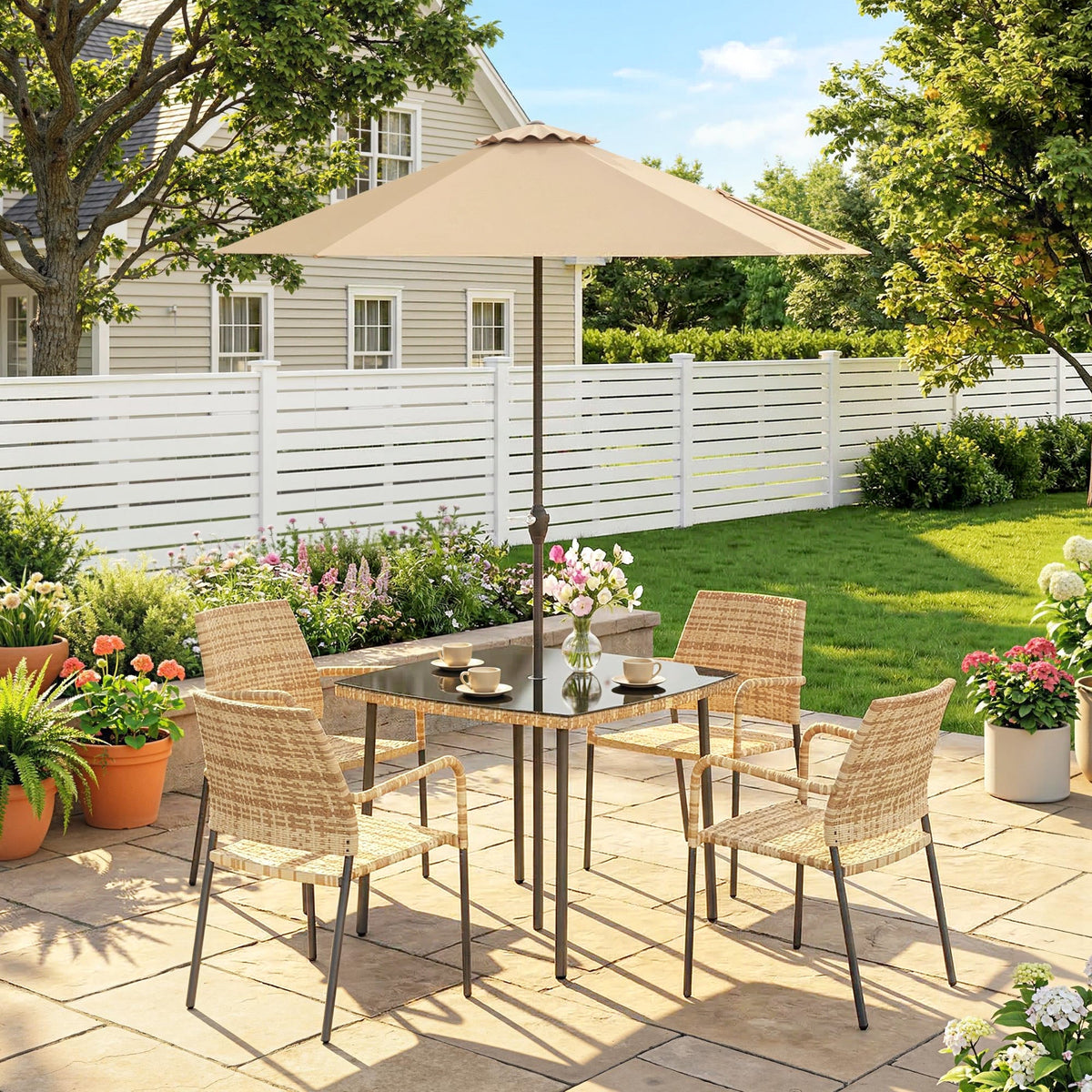 4-Seater Light Brown Rattan Dining Set with Parasol, Glass Top & Stacking Chairs — product view 3