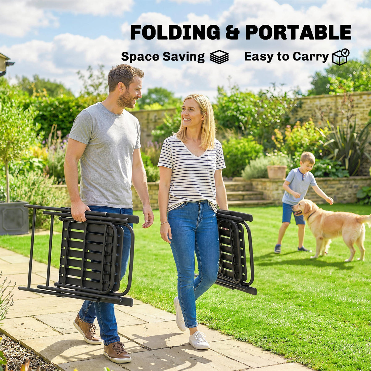 Set of 4 Folding Garden Chairs with Armrests and Slatted Seat, Black — product view 6