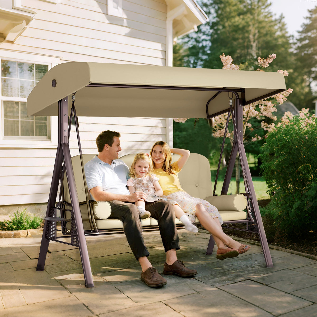 3 Seater Canopy Swing Chair with Cushions & Cup Trays, Brown — product view 3