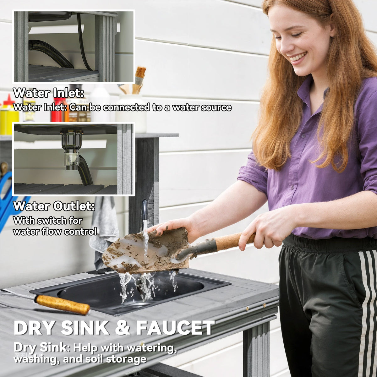 Outdoor Potting Bench Table with Faucet, Sink, Shelves and Hooks, Grey — product view 7