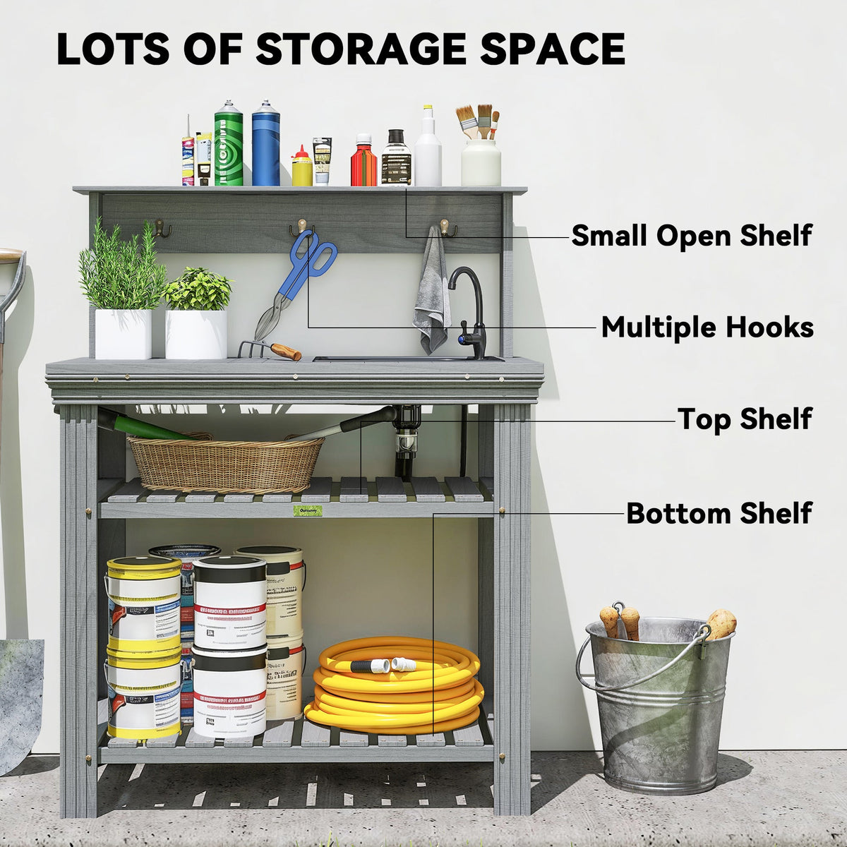 Outdoor Potting Bench Table with Faucet, Sink, Shelves and Hooks, Grey — product view 6