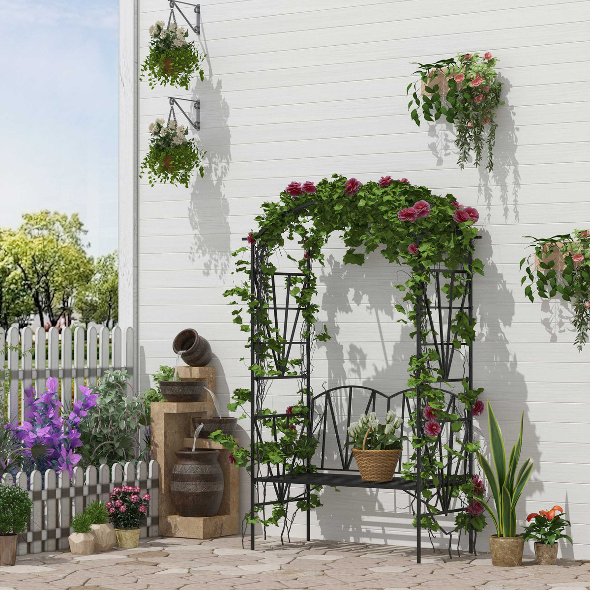2 Seater Metal Garden Bench with Arch for Climbing Plants, Black — product view 4