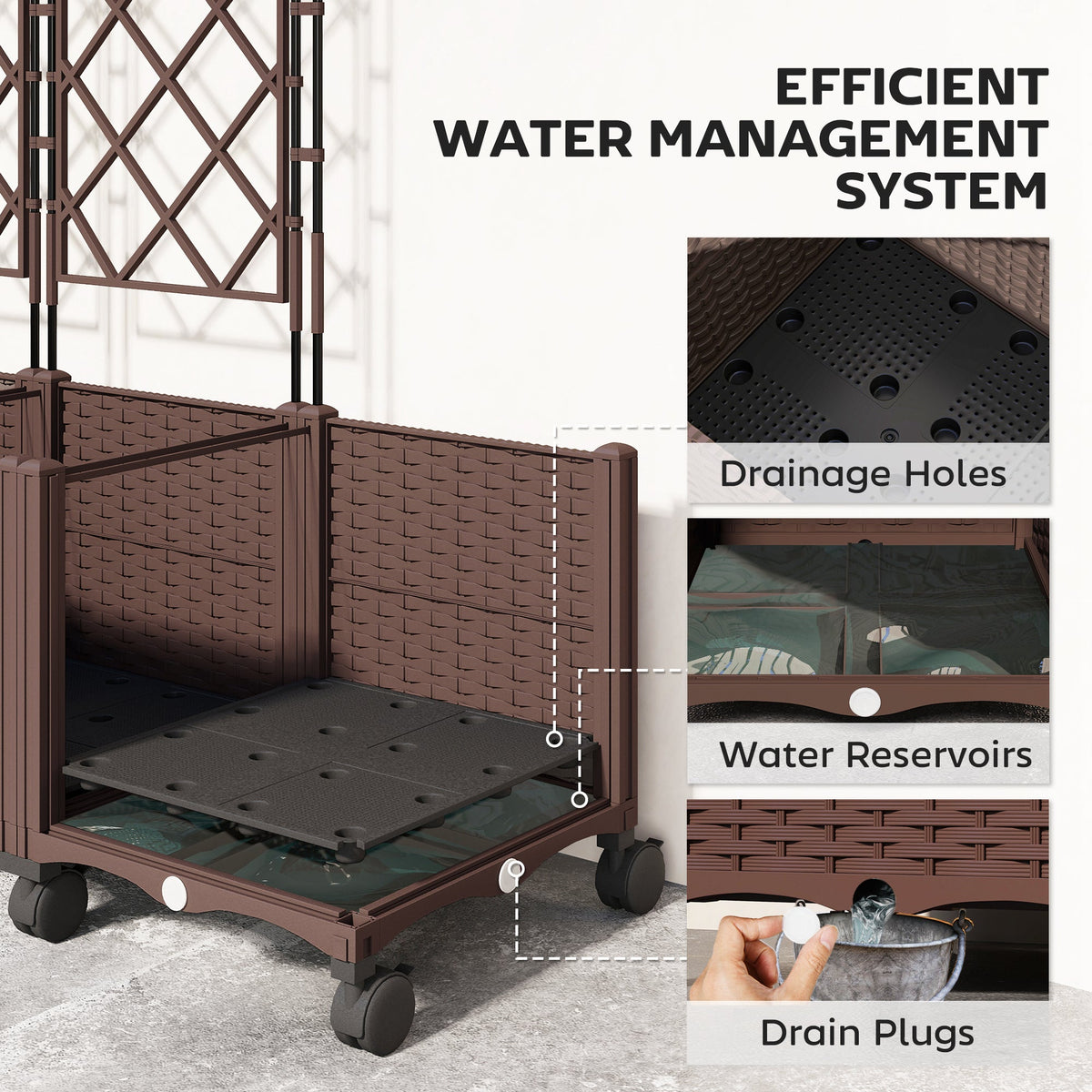 Self Watering Plastic Raised Planter with Trellis & Wheels — product view 7