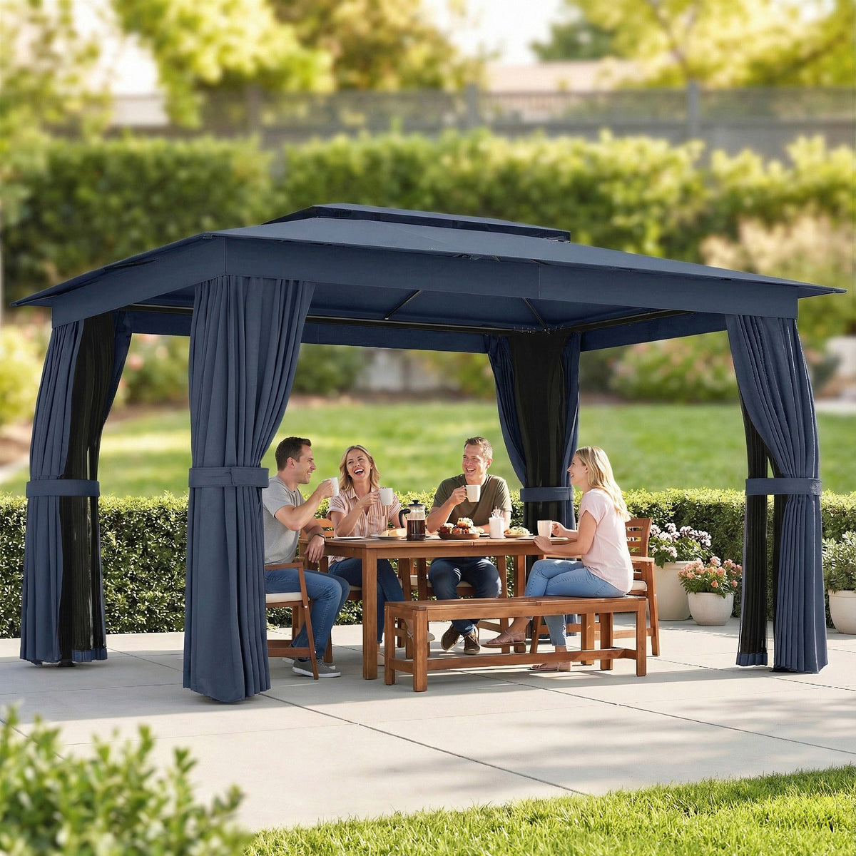 10' x 12' Soft Top Gazebo Canopy Shelter with Double Roof, UPF30+ Protection for Lawn, Backyard, Deck, Blue — product view 4