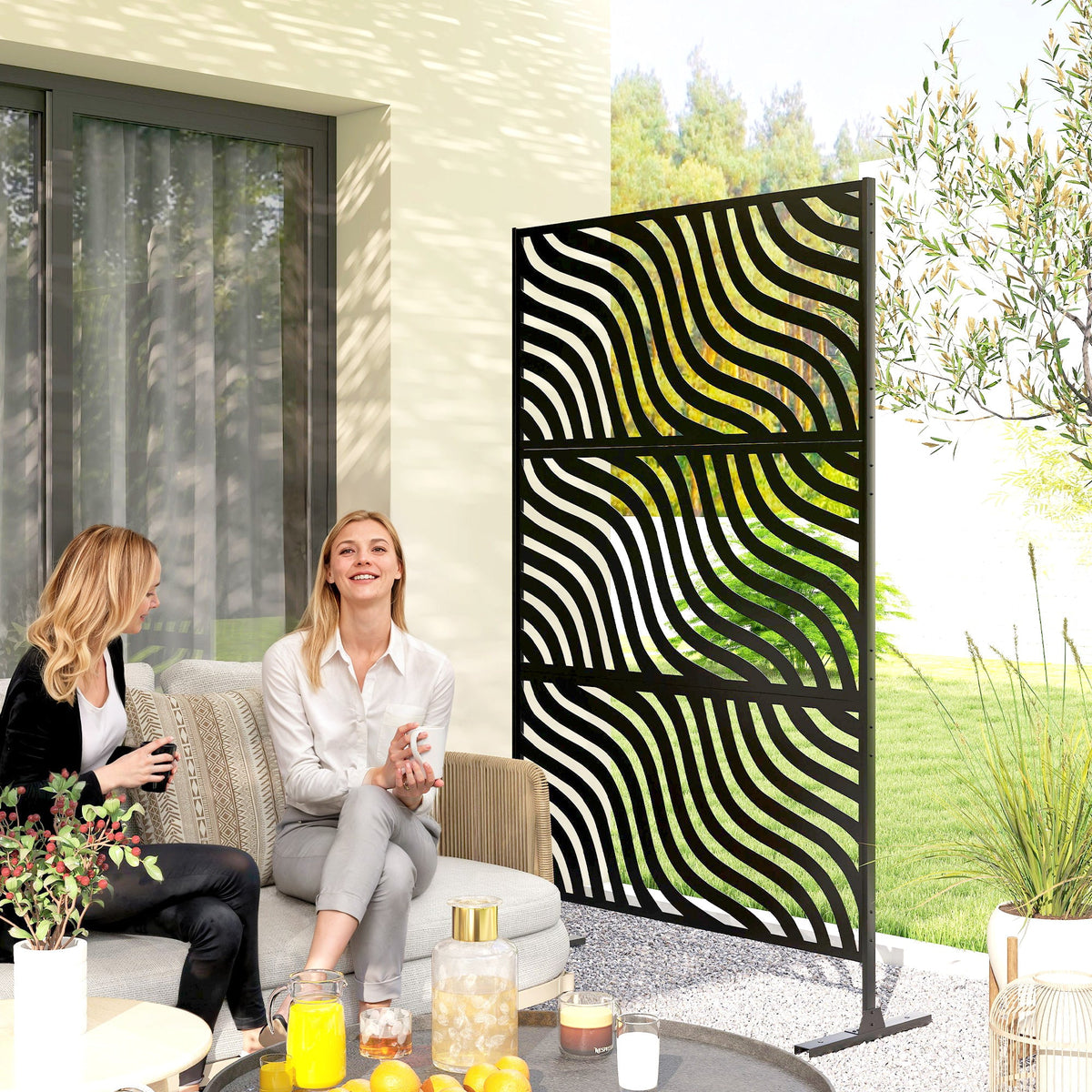 78" x 48" Metal Outdoor Privacy Screen, Ripple Design, Black — product view 3