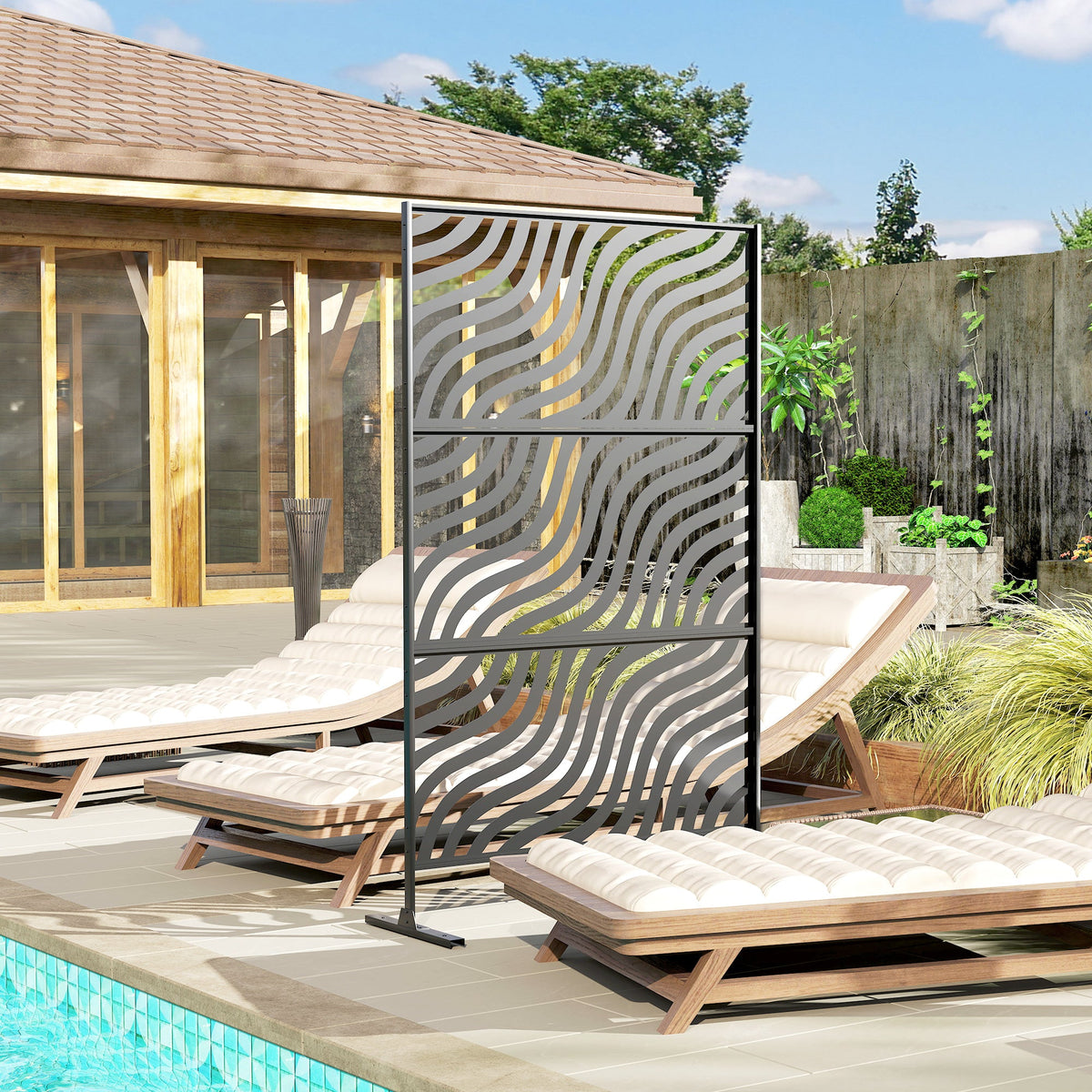 78" x 48" Metal Outdoor Privacy Screen, Ripple Design, Black — product view 4