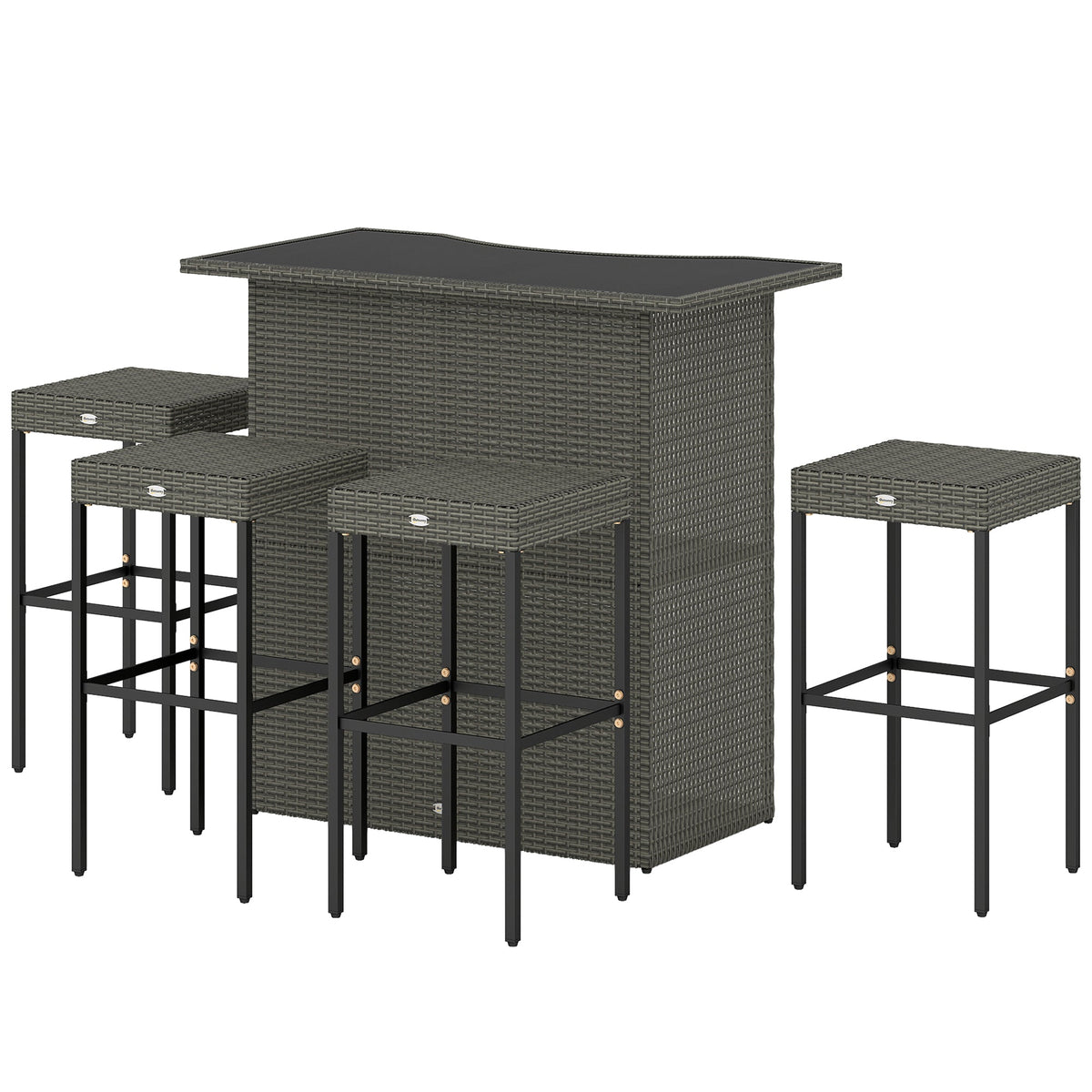5 Piece Outdoor Wicker Bar Set with Glass Top Table and 4 Stools, Dark Gray — product view 2
