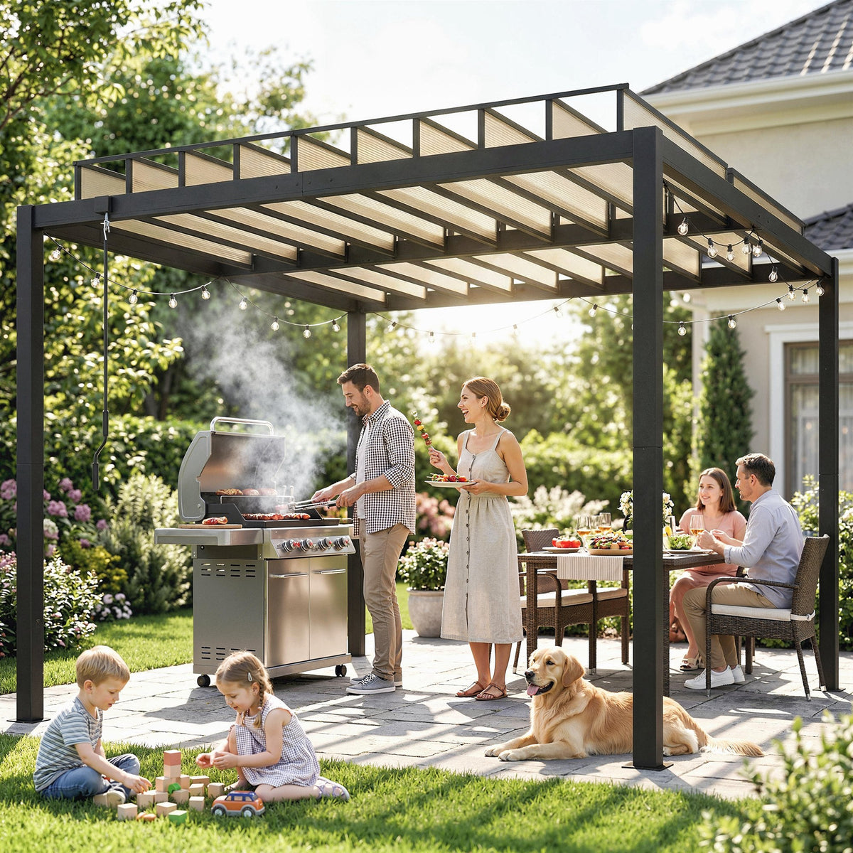3 x 3 m Louvered Pergola with Adjustable Roof and Gutters, Coffee — product view 4