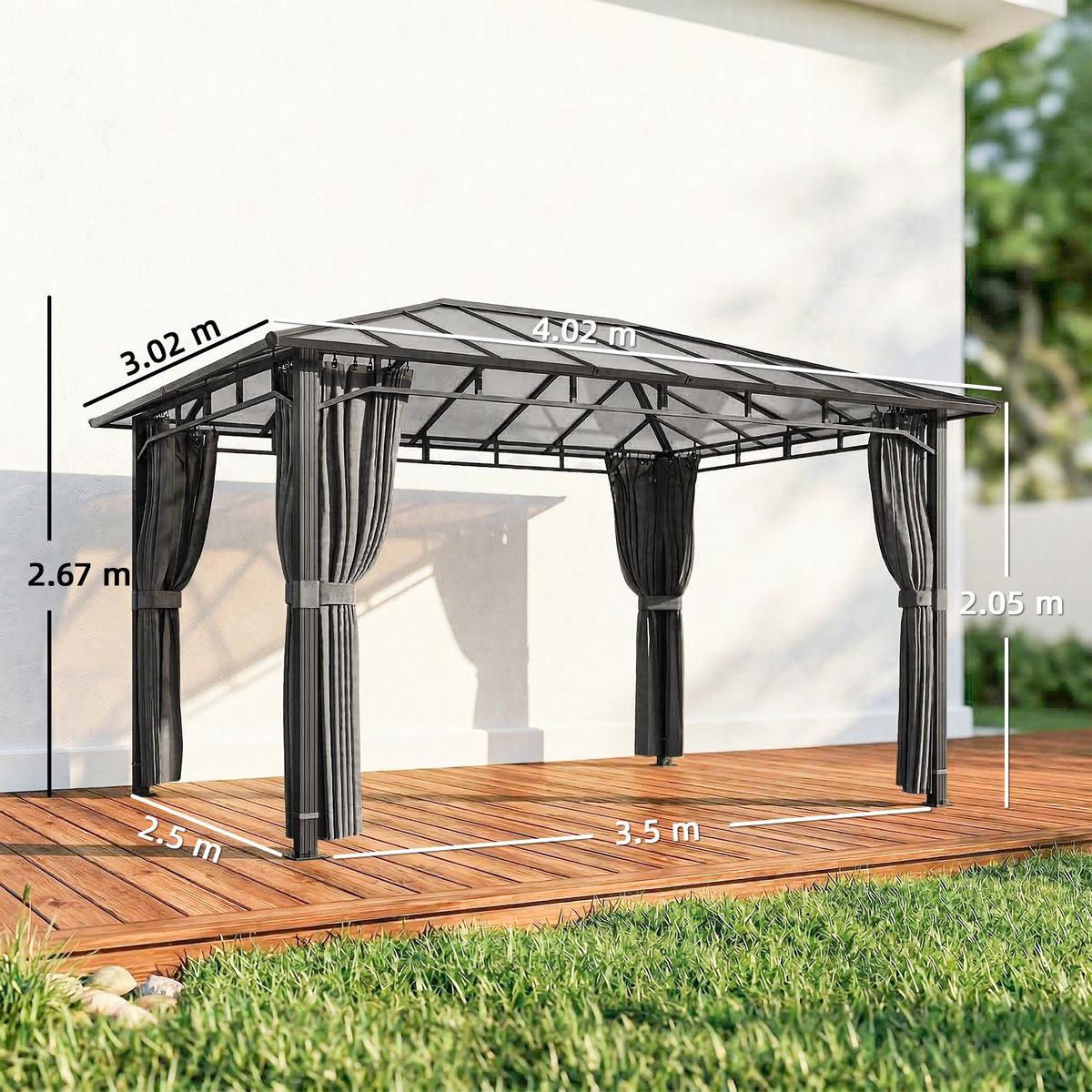 3 x 4 m Hardtop Gazebo with Polycarbonate Roof and Curtains, Dark Grey — product view 5
