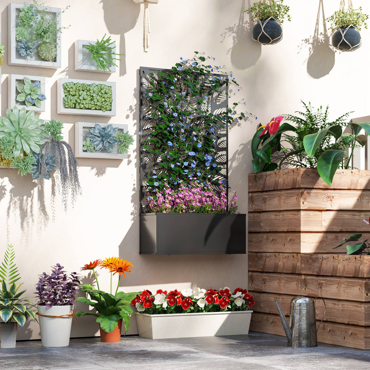 Metal Raised Garden Bed with Trellis Privacy Panel, Small Leaves Cut-Out — product view 4