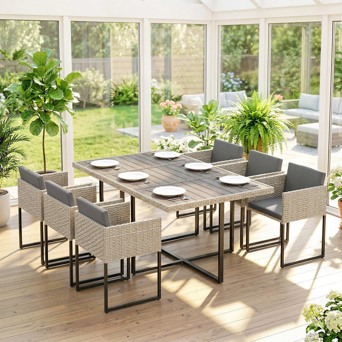 7-Piece Light Grey Rattan Dining Set with WPC Table, 6 Chairs & 12 Cushions — product view 4