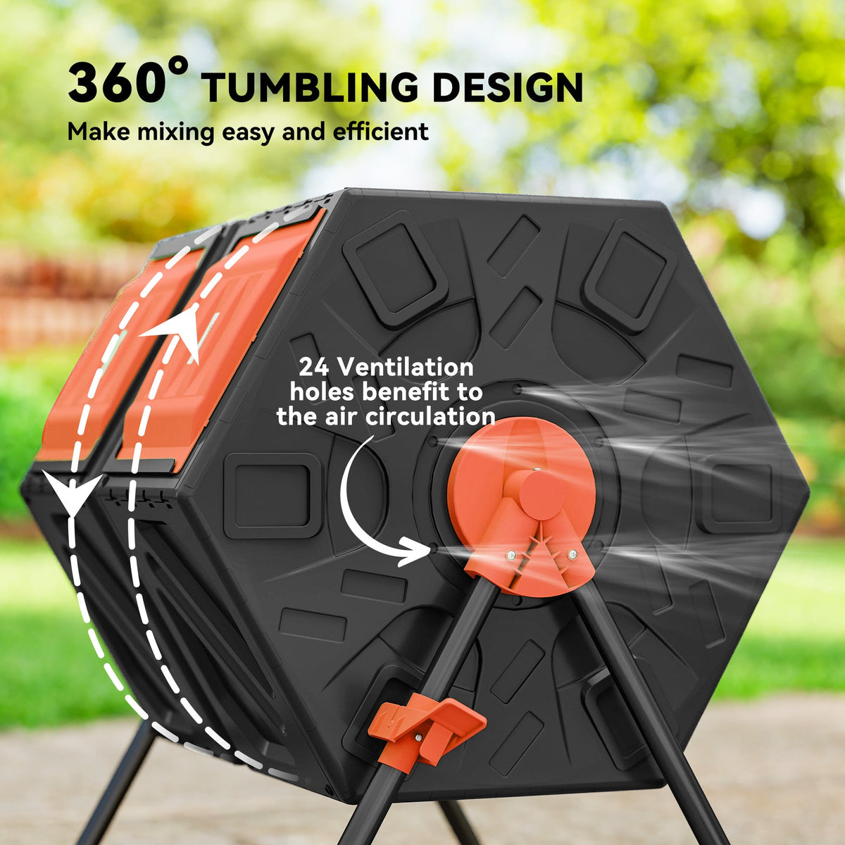 34.5 Gallon Dual Chamber Compost Tumbler with Steel Legs, Orange — product view 7