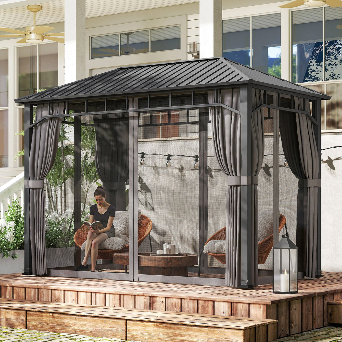 2 x 3.5 m Hardtop Gazebo with Galvanised Roof, Netting & Curtains, Dark Grey — product view 4
