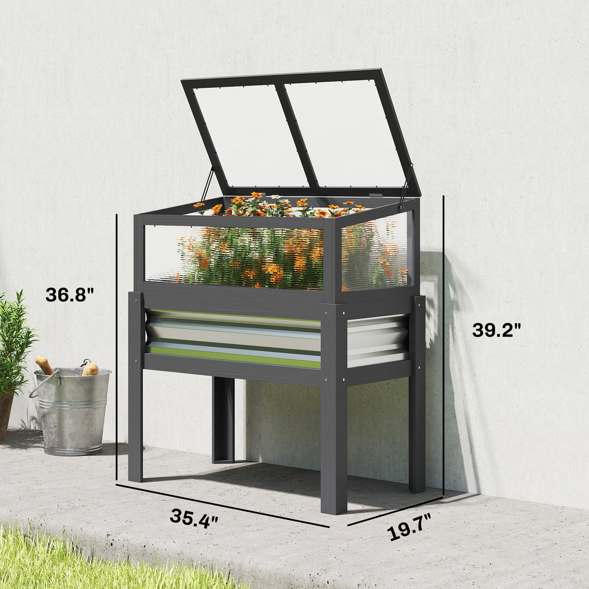 Raised Garden Bed with Flip-Up Greenhouse Top and Legs, Gray — product view 5