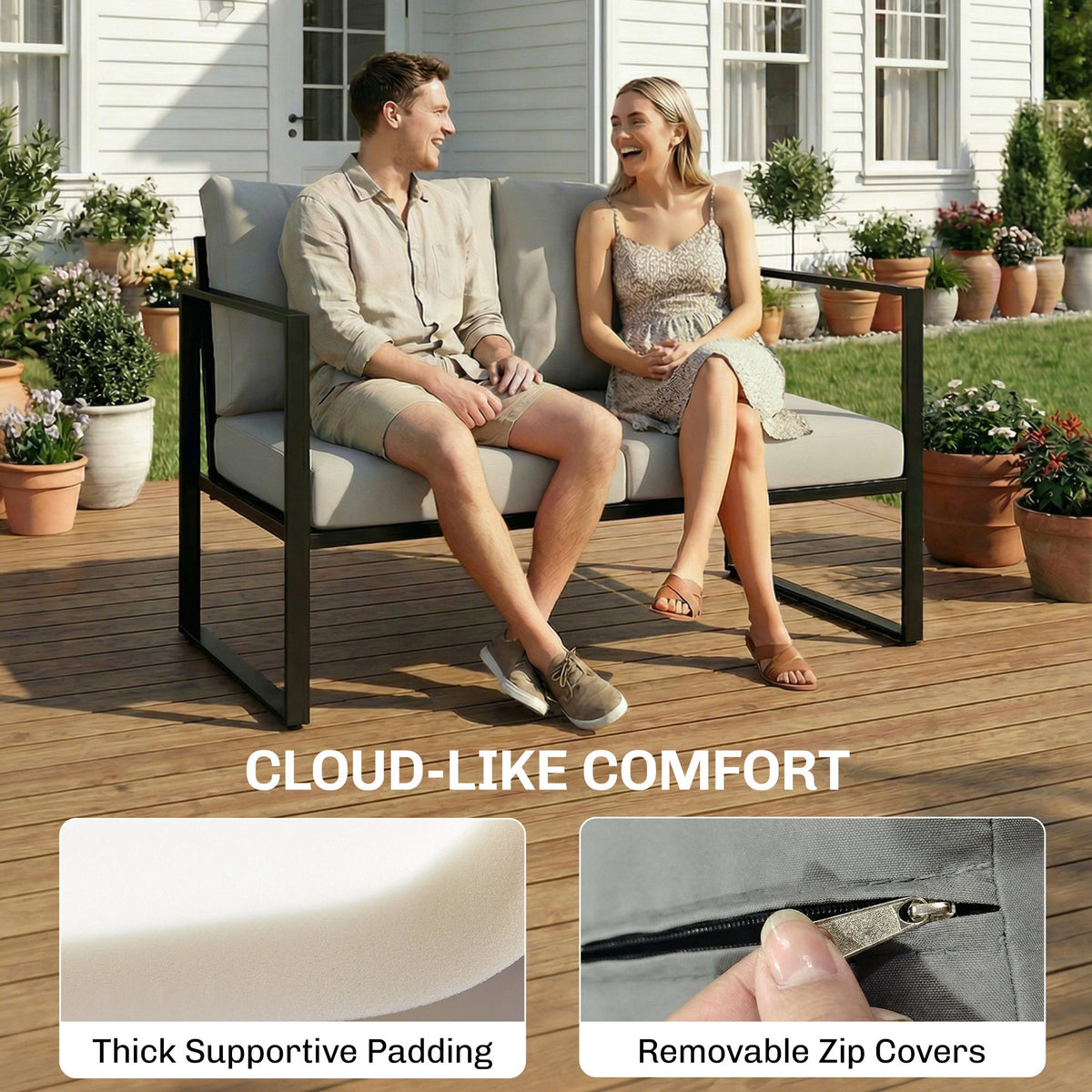 4 Piece Garden Furniture Set with Loveseat, Armchairs and Slatted Table, Grey — product view 7