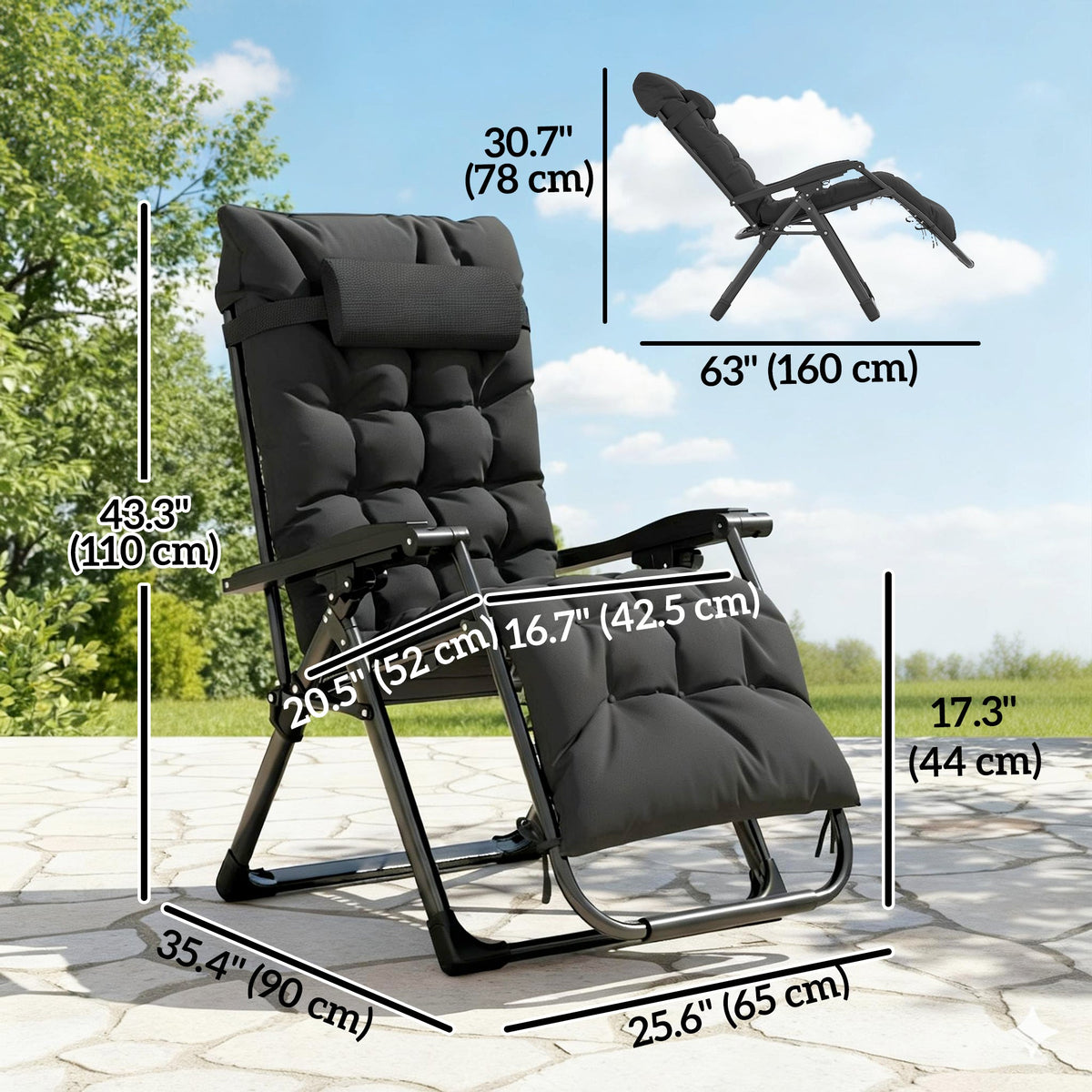 Reclining Zero Gravity Chair with Cushion and Headrest, Black — product view 5