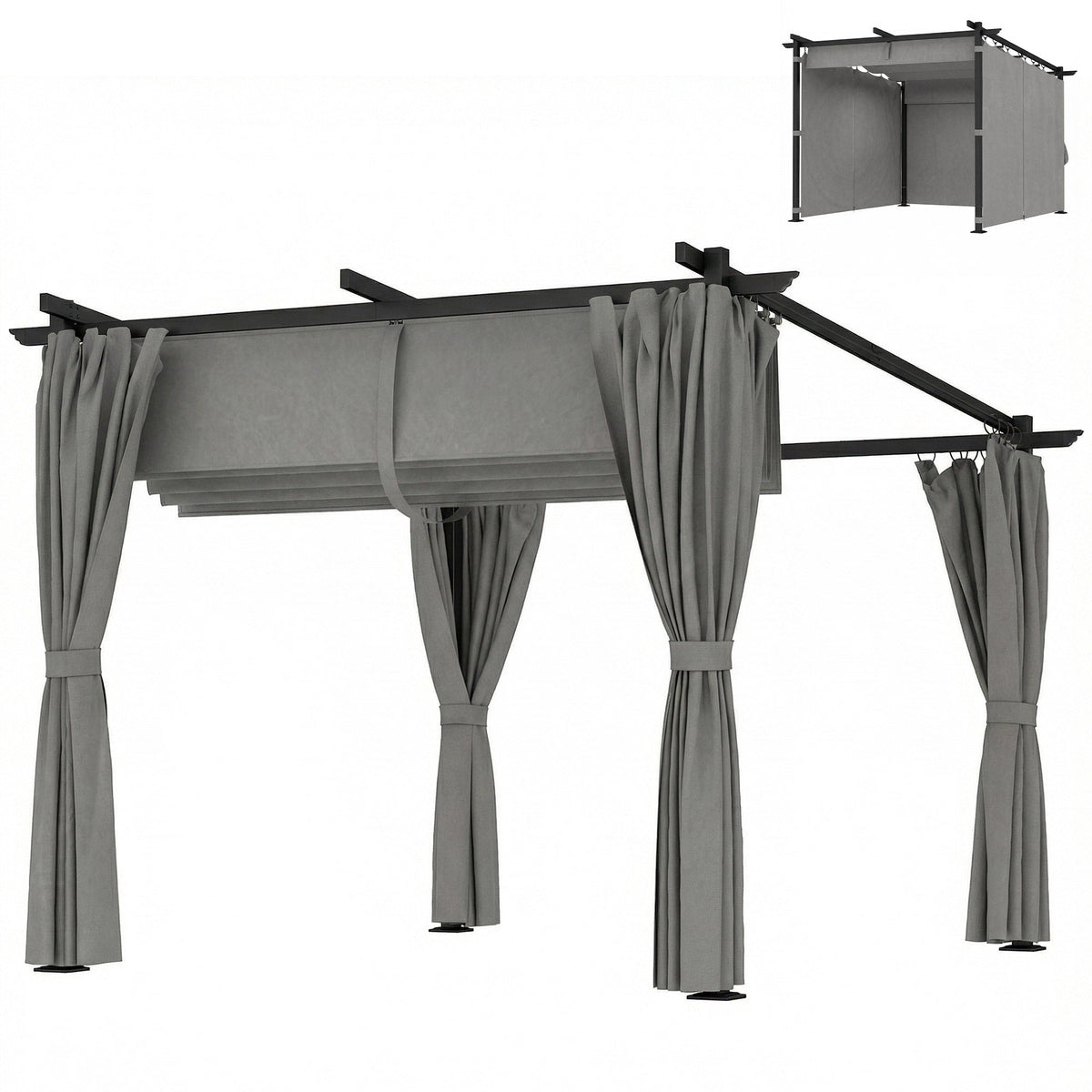 3 x 3 m Metal Pergola with Retractable Roof and Sidewalls, Light Grey — product view 2