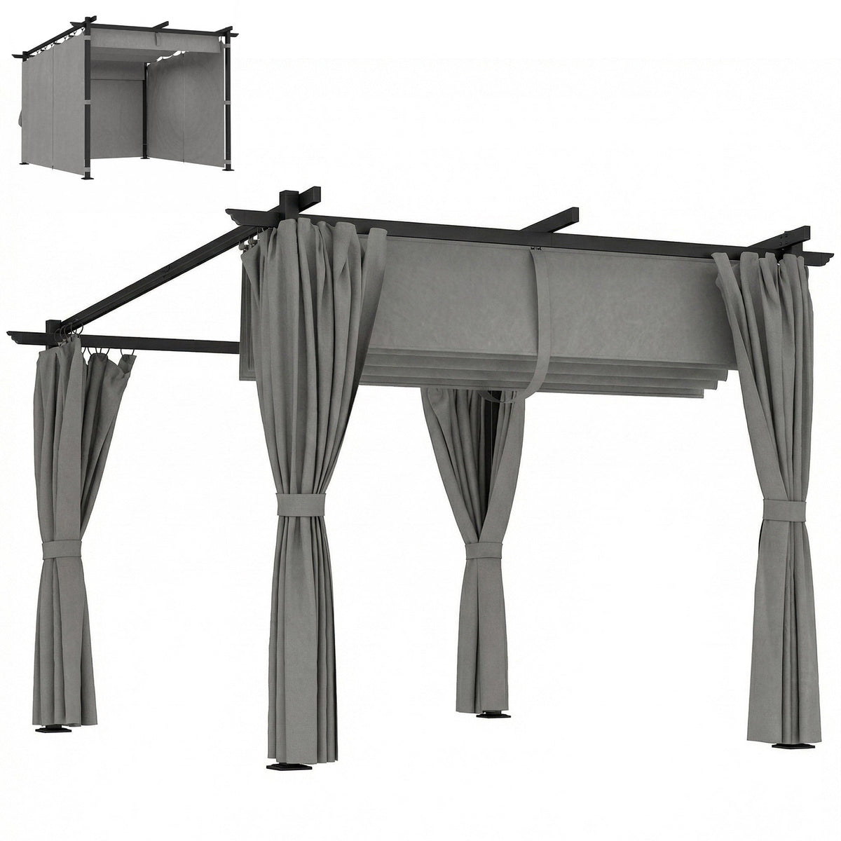 3 x 3 m Metal Pergola with Retractable Roof and Sidewalls, Light Grey — product view 1