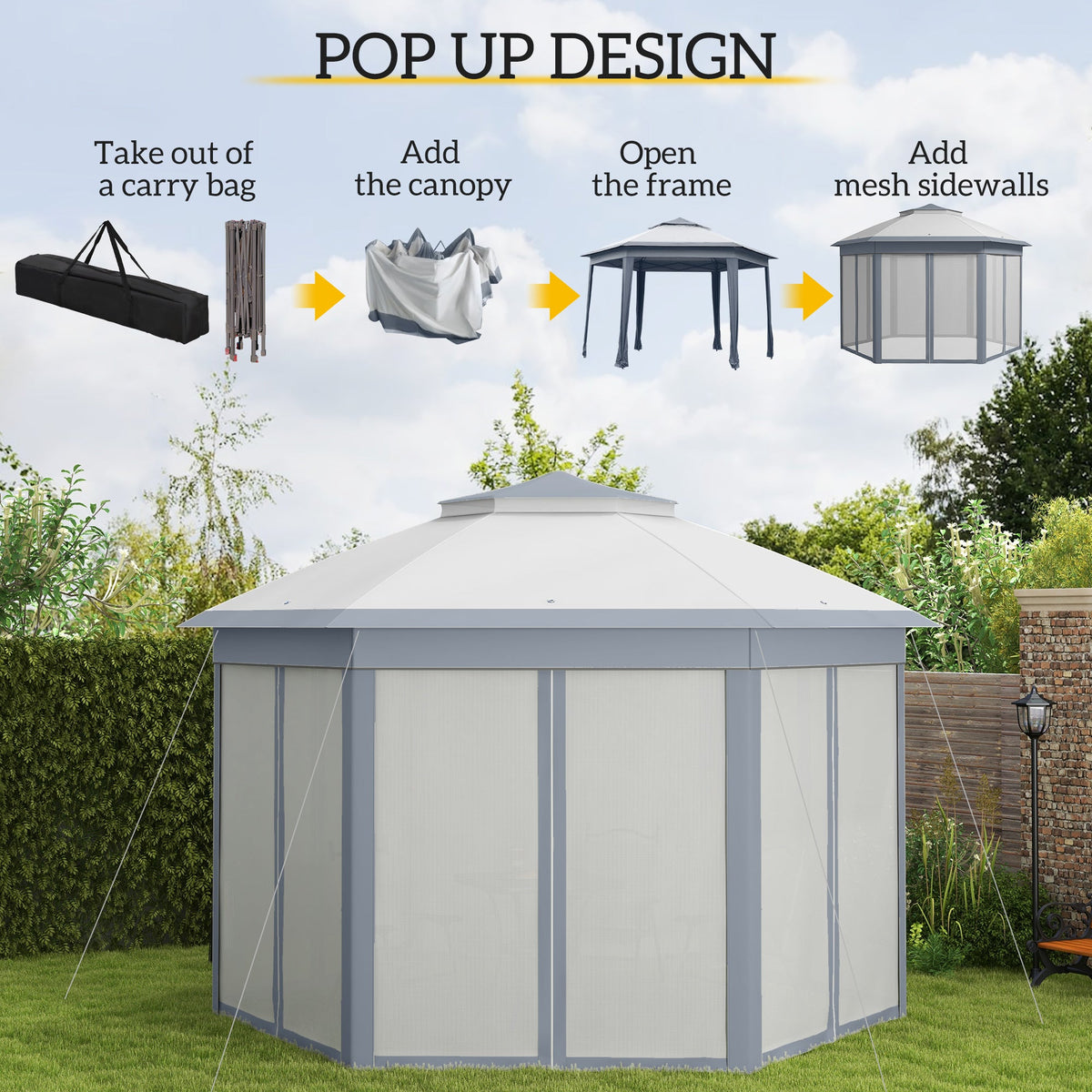 13' x 13' Hexagonal Pop Up Gazebo with Mesh Netting, Gray — product view 6